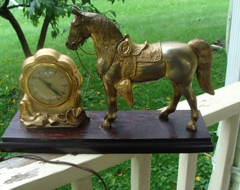 Vintage Gold Tone Metal Cowboy Clock And Horse Clock Topper Equestrian Design Statue Of A Riderless Horse - Wood Base Clock Not Working
