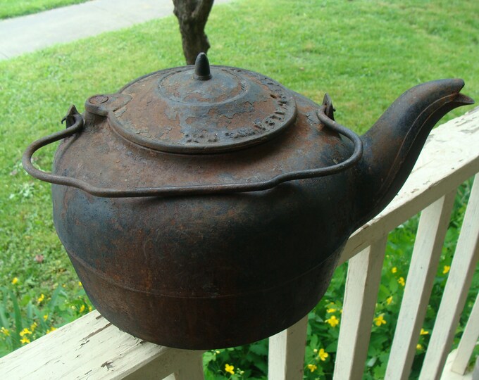 Antique Distressed Cast Iron Water Kettle J M B Davidson Co Albany New