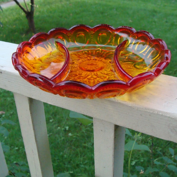 L E Smith Divided Plate Three Parts Serving Dish Ruby Amberina Art Glass Moon And Stars Pattern