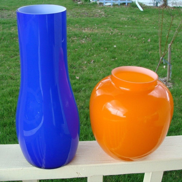 Mid Century Modern Hand Blown Cased Art Glass Vase set of Two Blue and Orange Case White glass