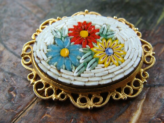 Vintage Italian Gold Toned Filigree Micro Mosaic … - image 2