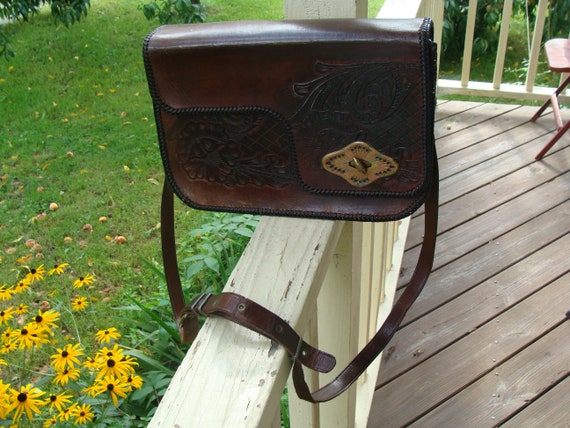Vintage Leather Shoulder Bag With Tooled Southwes… - image 1