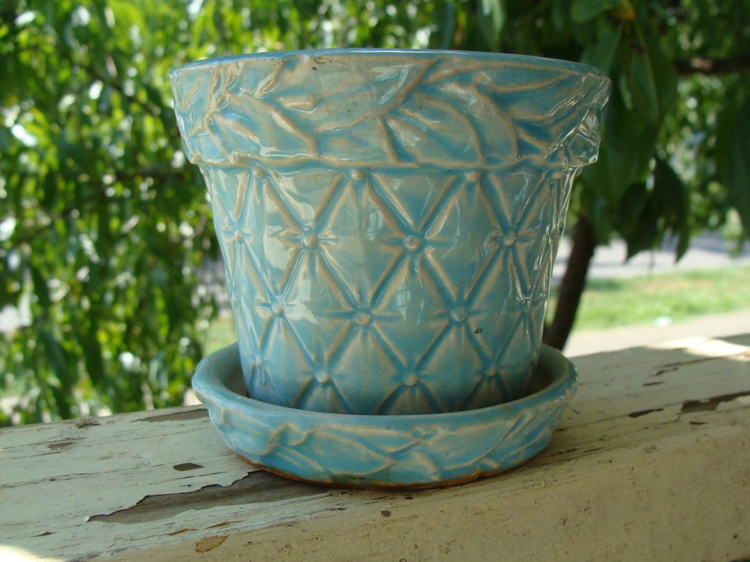 Vintage Mccoy Pottery Blue Quilted Diamond Flower Pot Planter Etsy