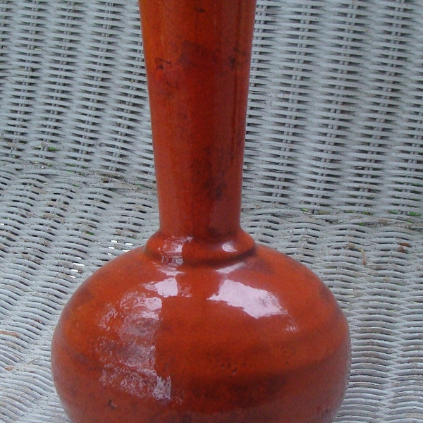 Mid Century Studio Art Pottery Turned Clay Bottle Vase With Mottled Burnt Orange Gloss Glaze 9-3/4"h