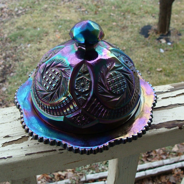 L E Smith Carnival Glass Dome Butter Dish In The Aztec Sunburst Pinwheel Hobstar Pattern Beautiful Rainbow Iridescent Amethyst Glass