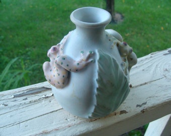 Studio Art Pottery Bottle Jug Form Vase With Leaves And Lizards Hand Painted Matte Glaze Signed Emily