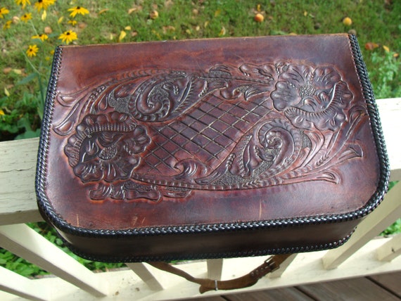 Vintage Leather Shoulder Bag With Tooled Southwes… - image 3