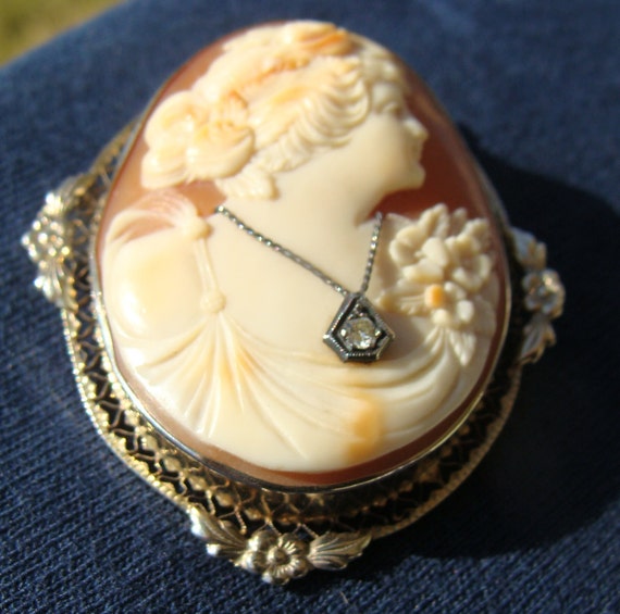 Antique Italian Shell Cameo Brooch Pendant 14k Wh… - image 7