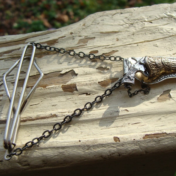 Antique Sterling Silver Jewelry Gun And Holster Pendant With Stainless Steel Clip Old West Cowboy Tie Clip