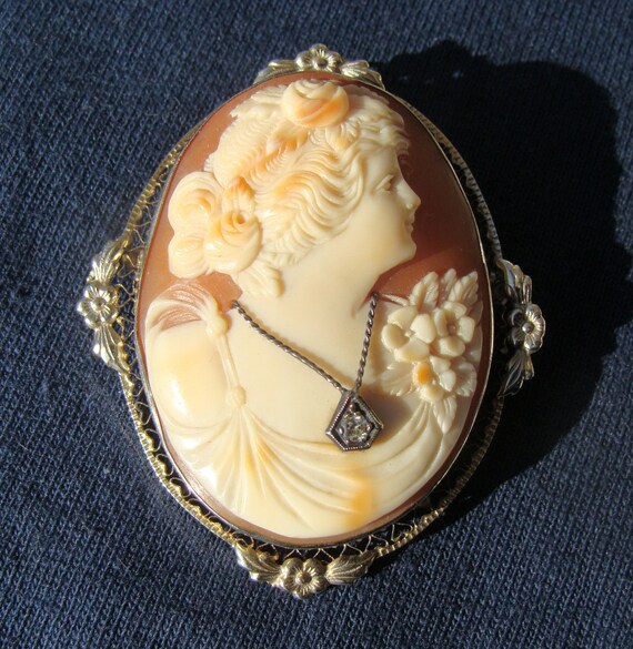Antique Italian Shell Cameo Brooch Pendant 14k Wh… - image 4