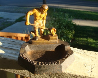 Vintage John Wright Cast Iron Figural Ashtray Made For Chemung Foundry Corporation Figure Of A Man Melting And Pouring Molten Cast Casting