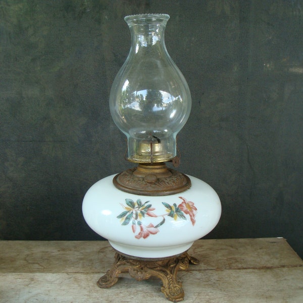 Antique Hand Painted Floral Flowers Oil Lamp Gone With The Wind GWTW Lamp Pink Flowers With Green Foliage