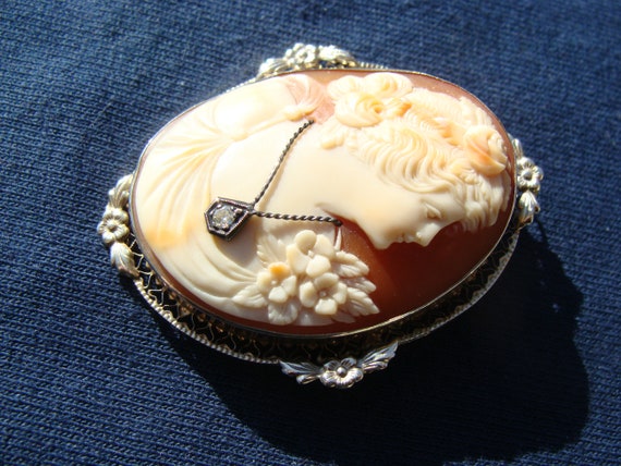 Antique Italian Shell Cameo Brooch Pendant 14k Wh… - image 5