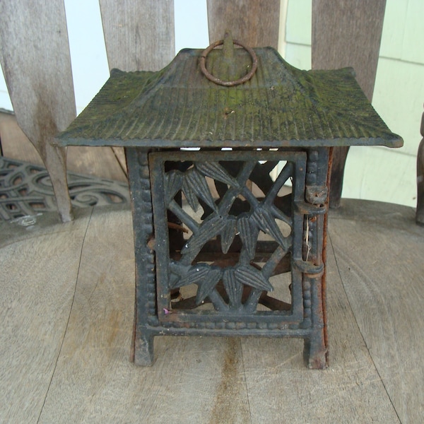 Vintage Tea Ceremony Cast Iron Pagoda Candle Lantern Decorated Casts Of Bamboo 8-1/4"h  x  7-5/8"w  x 6-3/4"d