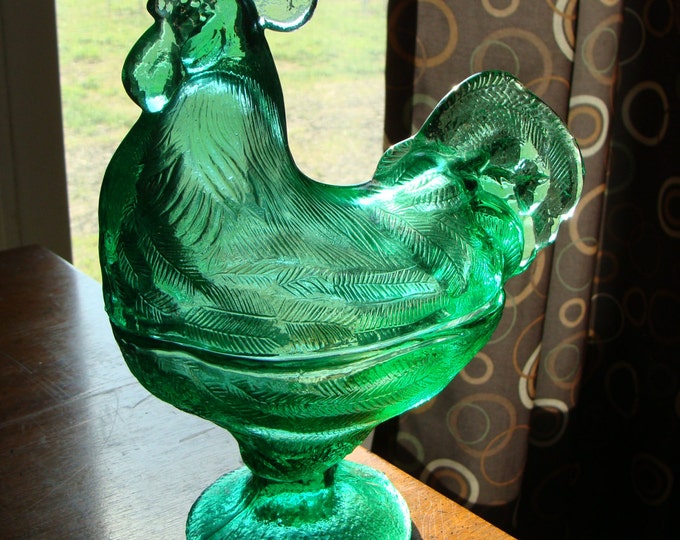 Vintage Green Glass Rooster Candy Dish Pedestal Hen on Nest Etsy