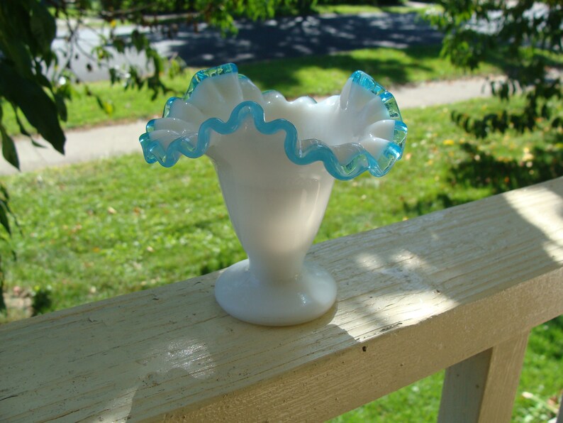 Antique Fenton Art Glass Ruffled Top Footed Milk White Glass Vase With Crimped Aqua Blue Crest