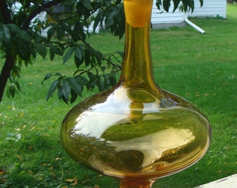 Mid Century Blenko Amber Glass Genie Bottle Decanter By Wayne Husted #6212 Tall 17-1/2"h