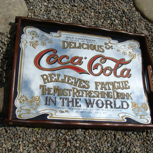 Vintage Coca Cola Advertising Mirror & Wood Serving Tray