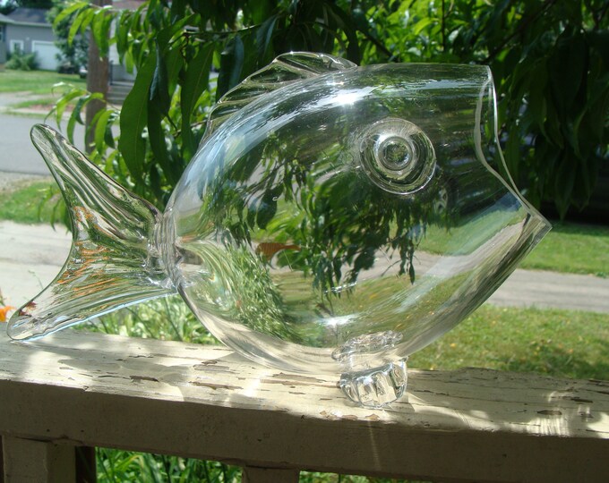 Art Glass Fish Bowl Sculpture Large Open Mouth Fish Figural Vase Blenko