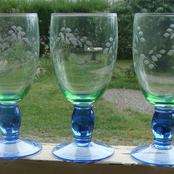 Elegant Etched Green Glass Drinking Goblet Glasses With Blue Stems Set Of Three Water Wine Ice Tea Glasses Summer Breeze by Pfaltzgraff