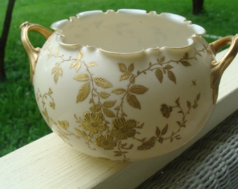 Antique American Belleek Willets Hand Painted Porcelain Handled Bowl Jardiniere Decorated With Gold Flowers And Dragonflies