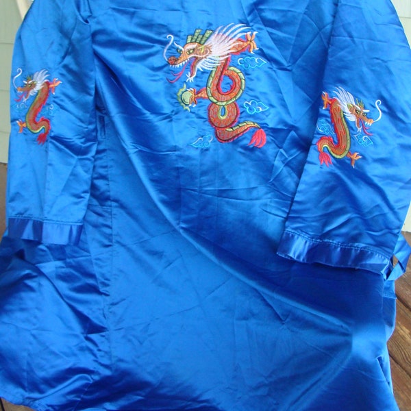 Vintage Japanese Korean Chinese Embroidered Silk Golden Dragon Blue Kimono Robe Approximately L-XL