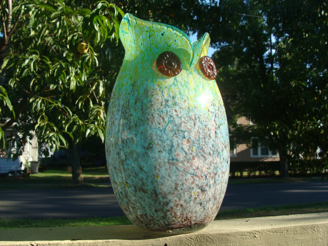 Art Glass Owl Vase Brilliant Colorful Hand Blown Glass Multi Etsy
