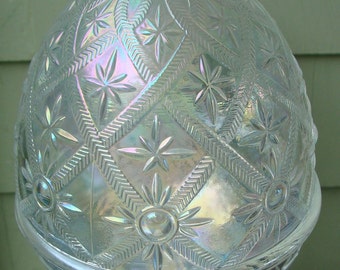 Smith Iridescent Carnival Glass Dome Covered Compote Candy Dish Decorated With Starbursts Sunbursts And Swags 9-1/4"h