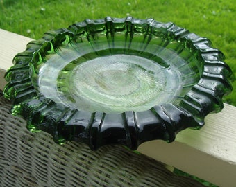Vintage Mid Century Modern Heavy Round Drab Green Glass Sunburst Cigar Cigarette Ashtray for Stand Very Large 10-1/4"