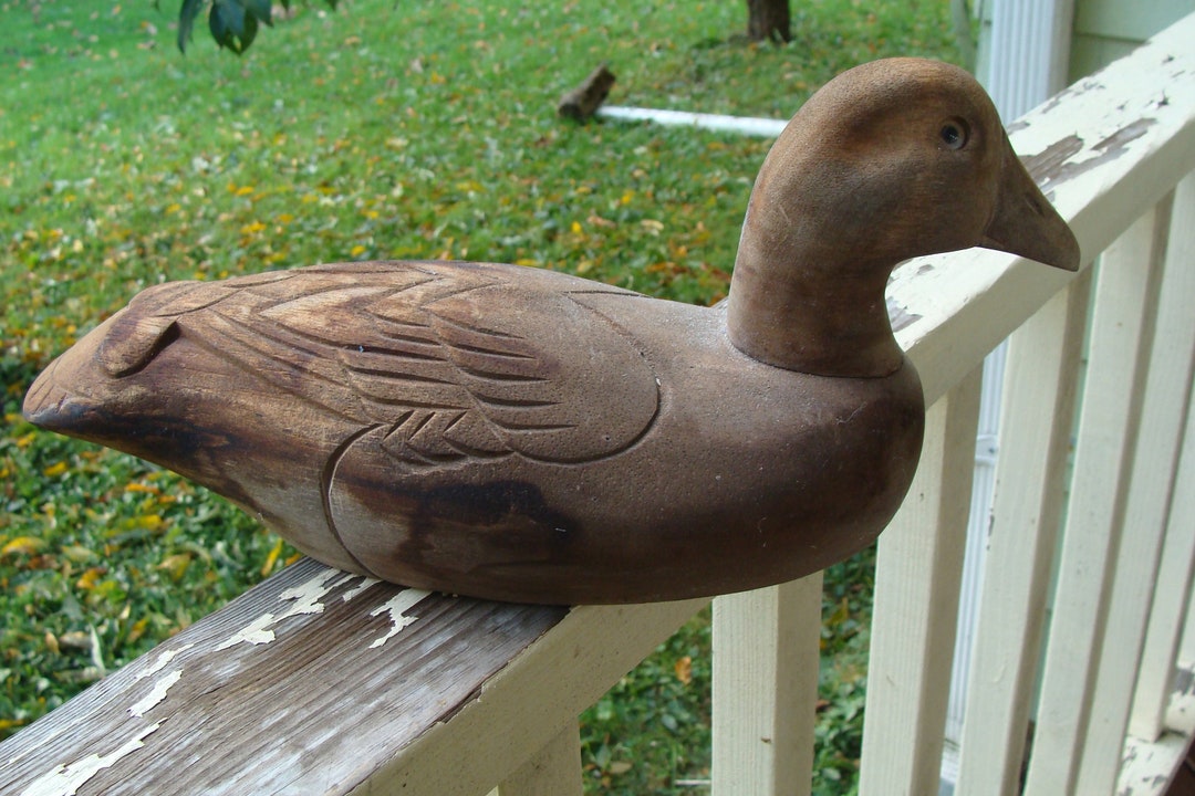 Vintage Duck Decoy Sculpture Wood Duck Decoy Unpainted Has Glass Eyes