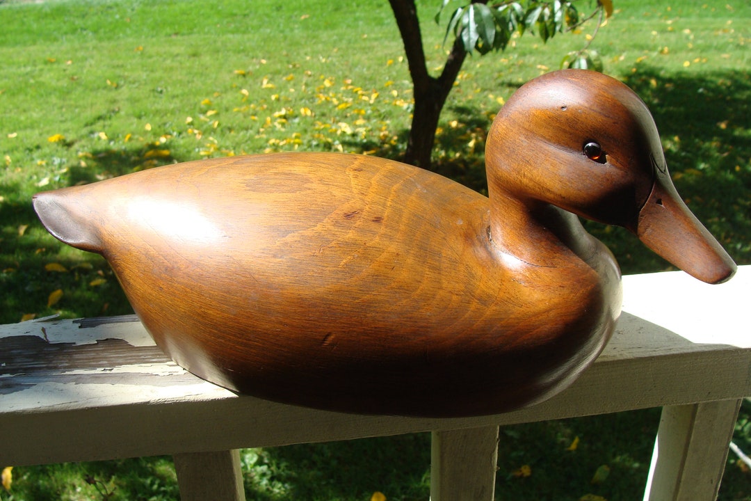Ken Harris Duck Decoy Sculpture Wood Duck Decoy Unpainted Has Glass