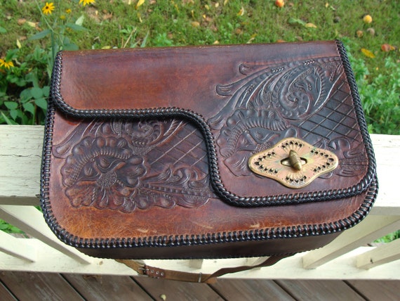 Vintage Leather Shoulder Bag With Tooled Southwes… - image 4