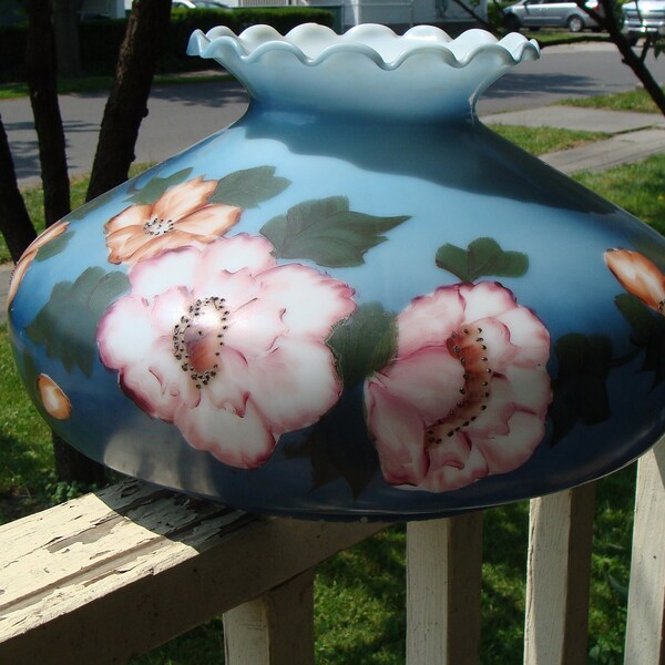 Beautiful Flowers Art Glass Shade Crimped Ruffled Top Milk Glass Student Gone With The Wind Oil Lamp Hurricane Replacement Shade Only GWTW