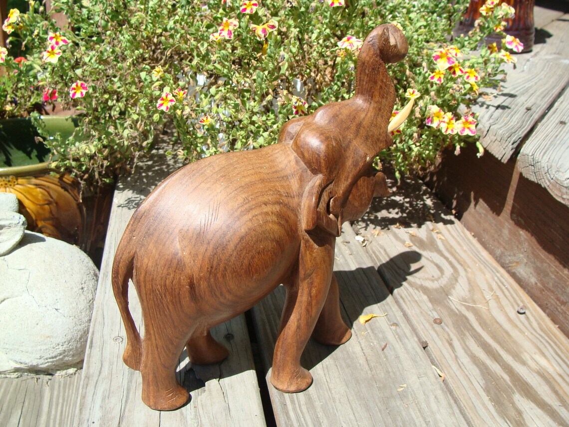Vintage Hand Carved Wood Elephant Sculpture Wooden Elephant Etsy