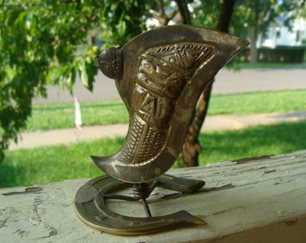 Vintage Brass Figural Vase Horse Shoe Base And Spanish Conquistador Stirrup With Totem Face