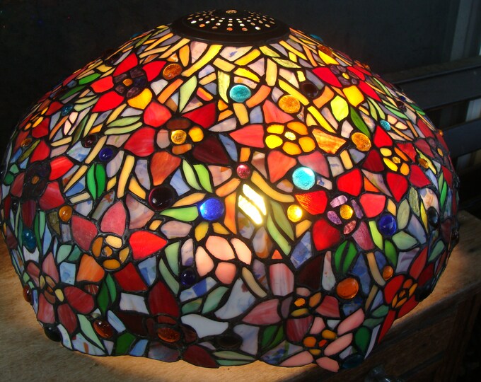 Large Beautiful Stained Glass Lamp Shade Jeweled With Slag Glass