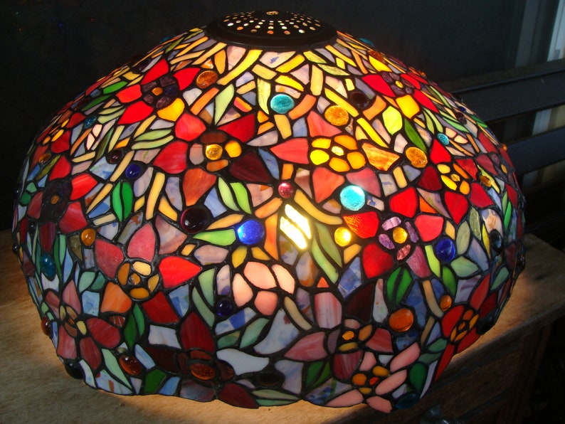 Large Beautiful Stained Glass Lamp Shade Jeweled With Slag Flowers In Brilliant Colors Mosaic 20 X 9