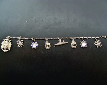 Vintage United States Navy Sterling Silver USN Multiple Charm Sweetheart Bracelet 8 charms USN Anchor Battle Ship Helm Eagle Shield 6-1/2"L