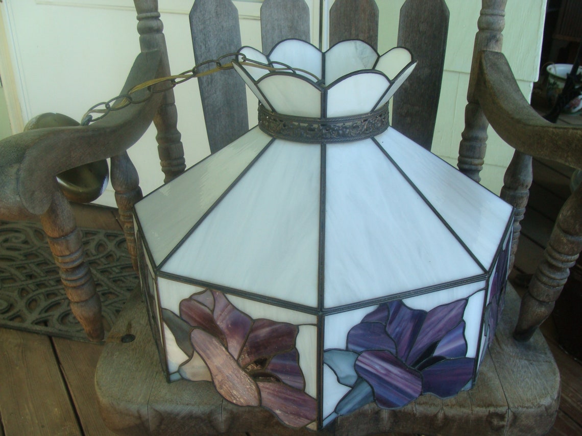 Stained Glass Lamp Shade Purple Slag Glass Iris Flowers Swag Etsy