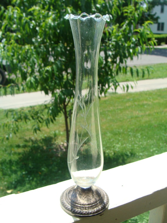 Vintage Sterling Silver Bud Vase Etched Glass Floral Etsy