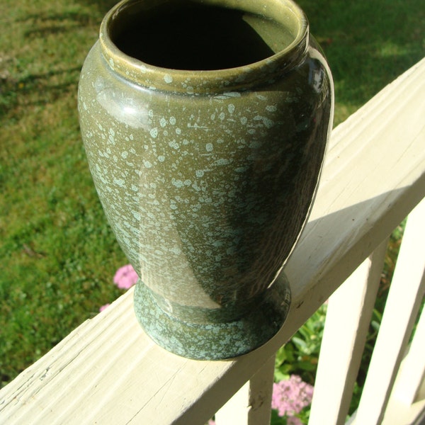 Reserved For Roxanne Vintage Brush McCoy Art Pottery Vase With Green Pebbled Spatter Glaze Arts And Crafts Signed Numbered