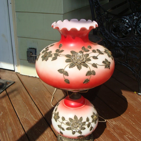 Vintage Electric Floral Decorated Gone With The Wind Hurricane Lamp GWTW Gold Applied Metal Leaves Flowers Red Cream Fade Three Way Lighting