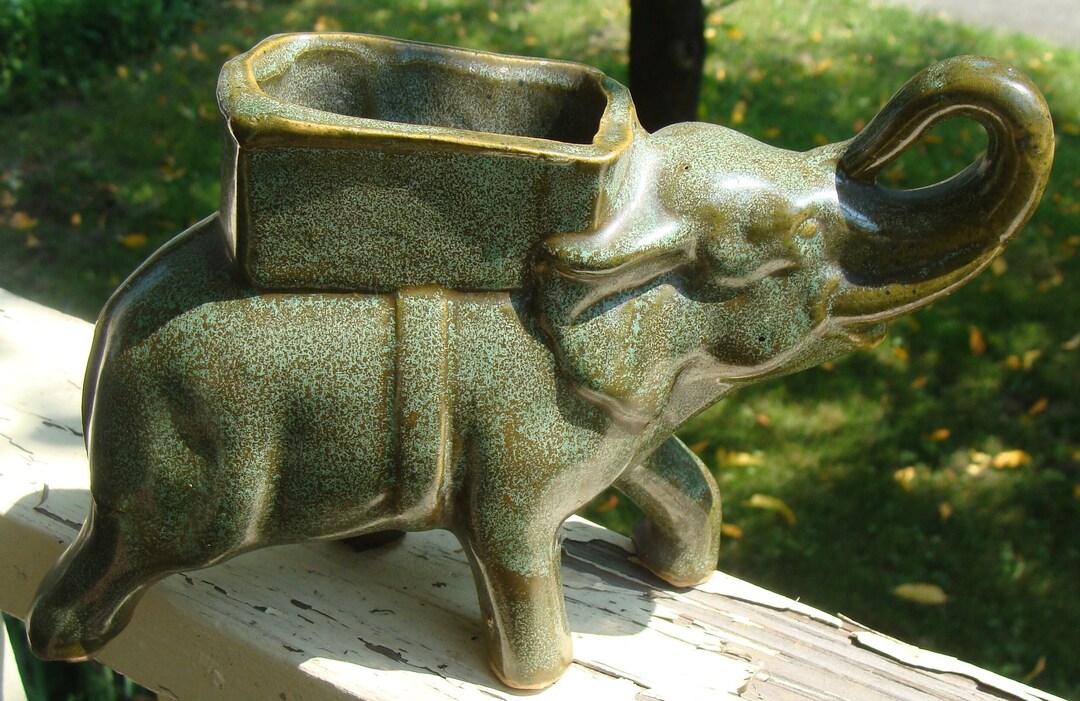 Arts and Crafts Pottery Green Glazed Elephant Planter Vase Ceramic Clay