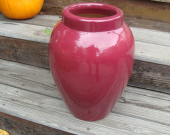 Large Vintage American Stoneware Pottery Burgundy Red Glazed Floor Vase Sand Oil Jar Antique Robinson Ransbottom McCoy Bauer Type 15-1/2"