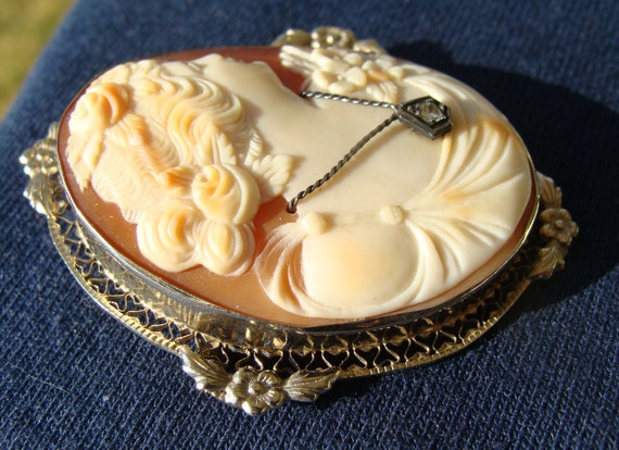 Antique Italian Shell Cameo Brooch Pendant 14k Wh… - image 3