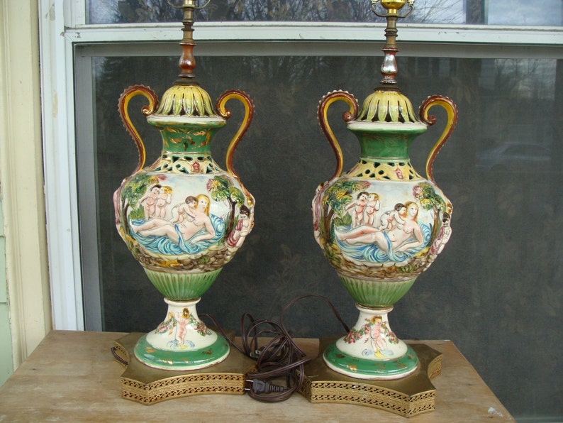 Vintage Italian Majolica Porcelain Urn Table Lamp Set Of Two Image 0