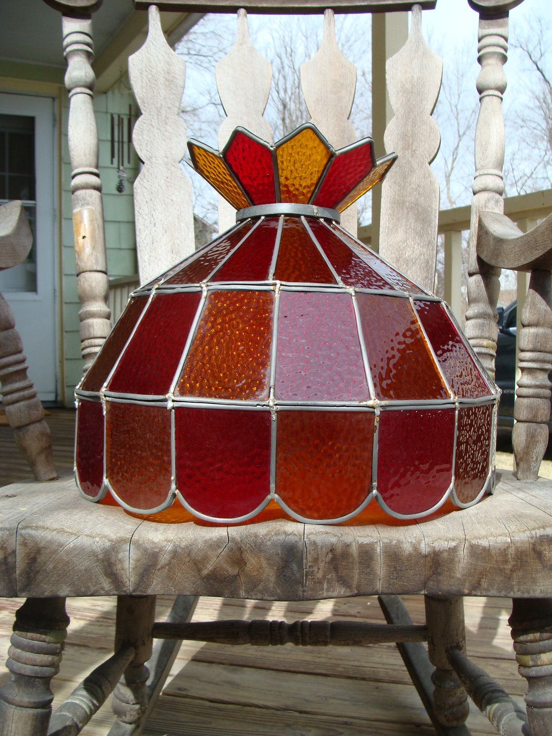Vintage Red and Amber Glass Panel Stained Glass Table Lamp Shade Multi