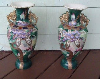 Antique Japanese Moriage Satsuma Amphora Vase Pair With Hand Painted Flowers Gold Accenting And Enamel Raised Beading 14-7/8"h