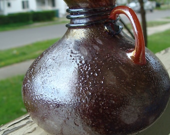 Vintage Studio Art Glass Metallic Bronze Iridescent Round Jug Weed Vase Blown Art Glass Kralik Bohemian Type Unsigned