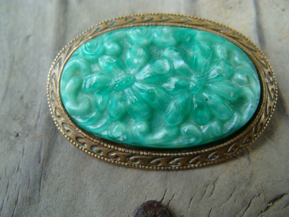 Floral Carved Apple Jade Jadeite Green Peking Gla… - image 2